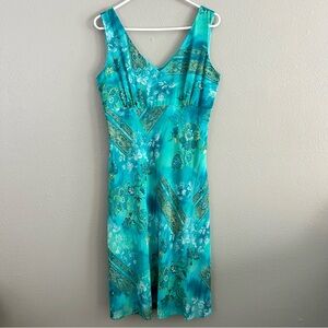 Vintage Dressbarn Blue Green Gold Glitter Floral Fairy Midi Dress Size 8 Y2K 90s